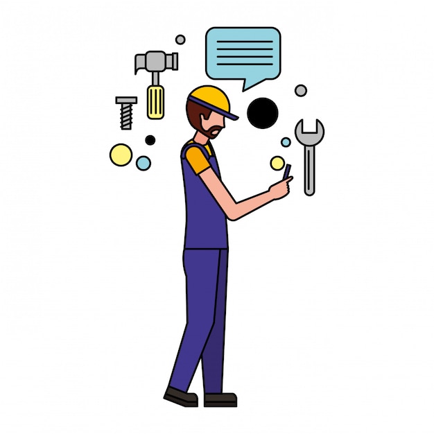 Worker man using mobile media icons