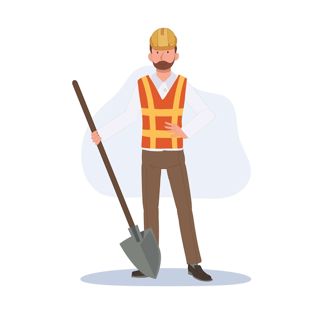 Рабочий носит защитный шлем с лопатой на строительной площадке Векторная иллюстрация