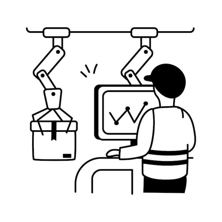 Vector a worker monitoring a computer screen displaying graphs likely related to warehouse