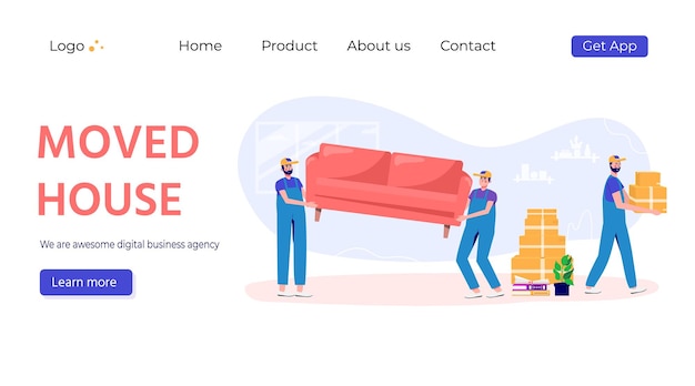 Vector worker moves new office, home, house. people moving and collect supplies in boxes. persone cartoon characters packing landing page. unpacking concept, delivery, relocation, move box