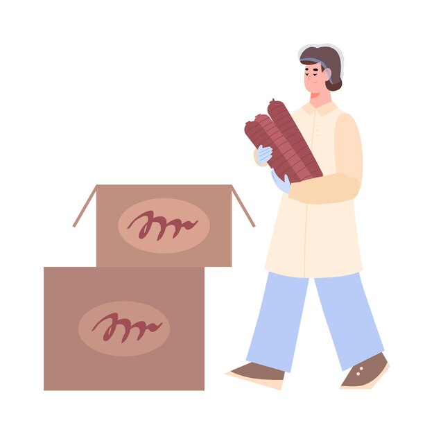 段ボール箱にソーセージを包装する食肉加工工場の労働者
