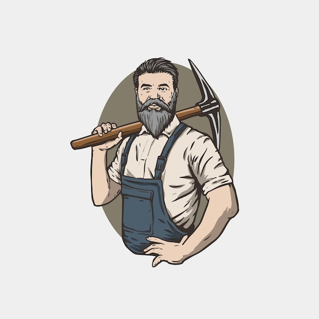 Vector worker pickaxe vintage vector illustration