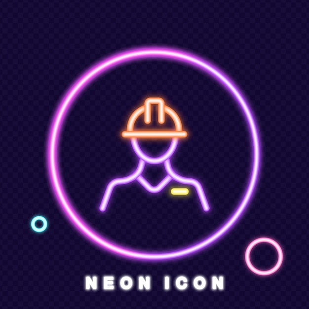 Worker in protective helmet line icon Builder engineer work protect body part constructor preventive measure Technology concept Neon glow style Vector line icon for Business and Advertising