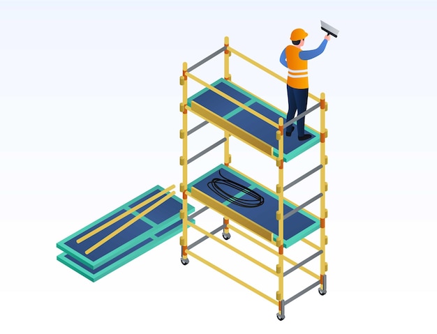 Worker putty on scaffold banner Isometric illustration of worker putty on scaffold vector banner for web design