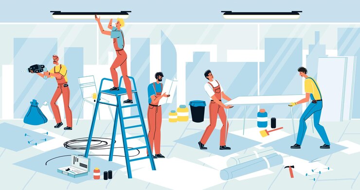 Vector worker repairing house apartment or office room
