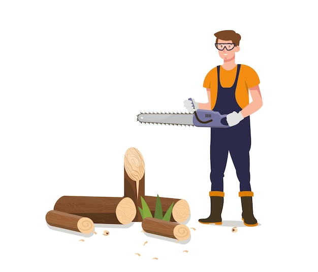 Vector worker sawing logs with electric saw timber wood lumberjacks woodcutter carpenter working