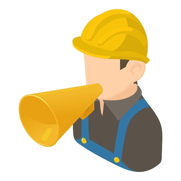 Vector worker speech icon isometric vector male worker character with loudspeaker icon public speaking announcement