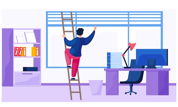 Vector worker spend time at workplace man climbs a ladder near a window working day in the office