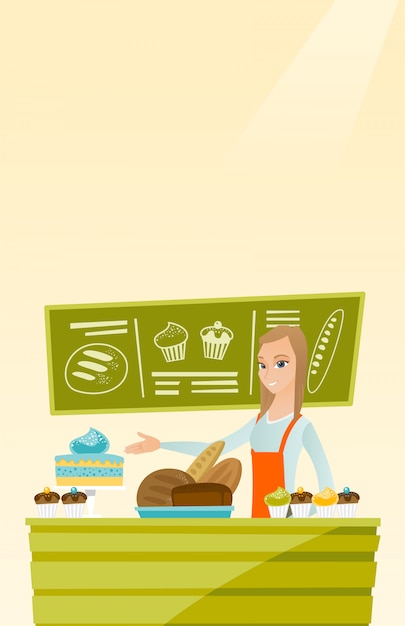 Worker standing behind the counter at the bakery.