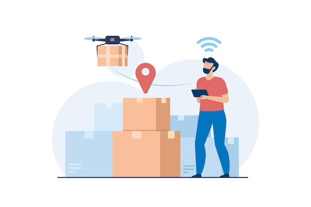 worker using drone for parcel delivery innovative technology in modern logistics and shipping vector illustration