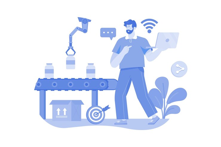 Vector worker using wifi from laptop controlling conveyor lines of automatic factory