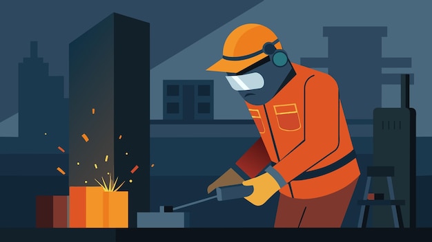 A worker wearing a rugged fireresistant jumpsuit and welding helmet while welding metal structures