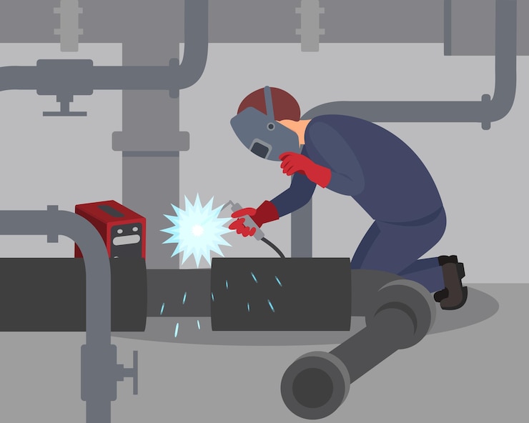 Vector worker welds large metal pipes at basement professional welder at work man in protective mask and gloves flat vector design