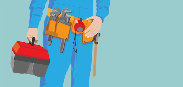 Worker with work belt and toolbox, vector. Copy space, service and maintenance concept