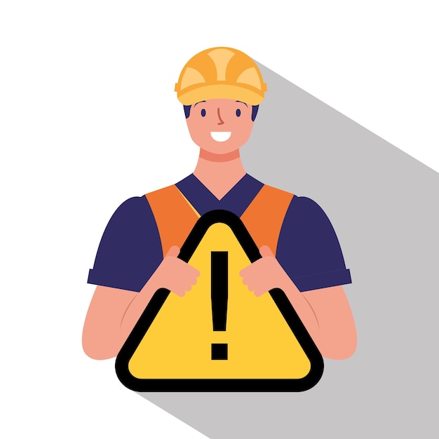 Worker with yellow warning sign