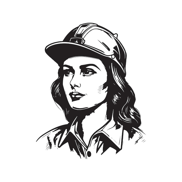 Worker woman in hard hat vintage logo concept black and white color hand drawn illustration