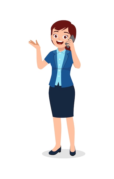 Vector worker woman standing and talking using smartphone