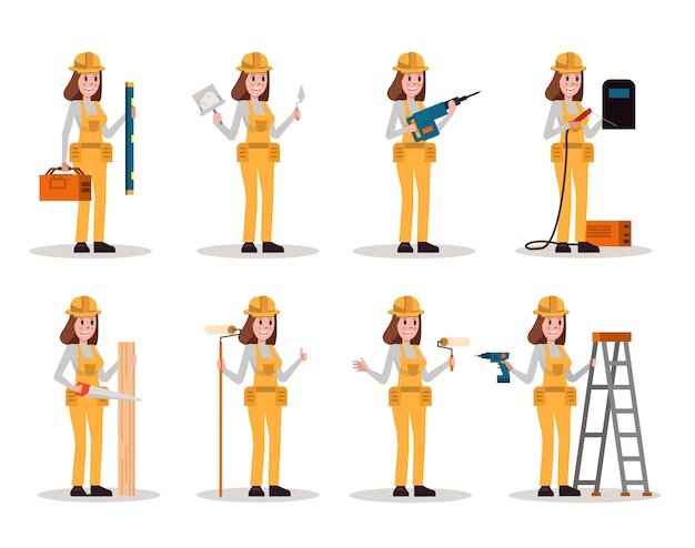 Vector worker woman with construction tools