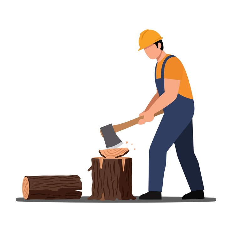 Vector a worker in a yellow hard hat chopping wood with an axe in a minimal vector illustration showcasing the skill and determination of lumberjack activities in a serene setting vector art