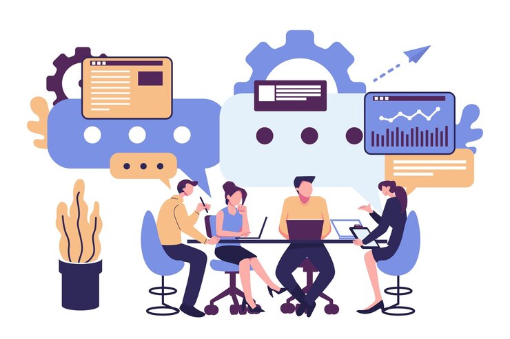 Vector workers are discuss and negotiating flat vector illustration collective thinking and brainstorming company information analytics