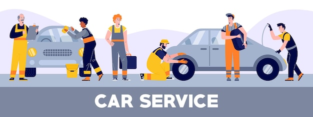 workers of auto repair shops and car service center flat vector illustration