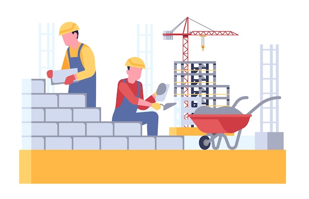 Vector workers build brickwork by laying bricks house building bricklaying wall bricklayers work men with trowel and wheelbarrow mason in uniform construction industry vector concept
