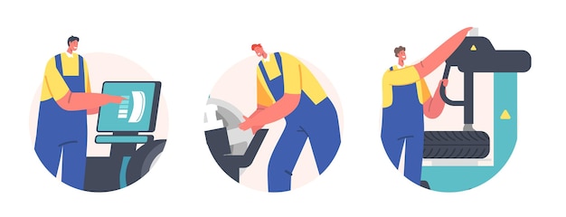 Vector workers change tires at garage isolated round icons or avatars male characters wear uniform mount tyres on car at mechanic workshop vehicle repair fixing service cartoon people vector illustration