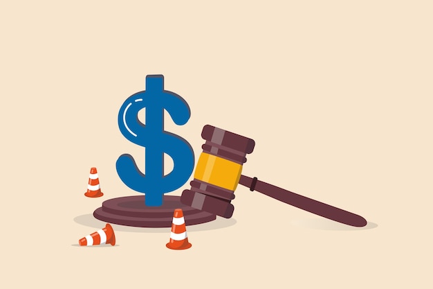 Vector workers compensation, insurance providing wages replacement, employee injured benefit, legal or law to compensate payment concept, justice gavel with dollar money symbol and accident pylons.