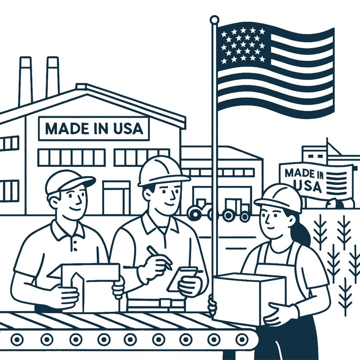 Vector workers in factory with flag showcasing american manufacturing pride