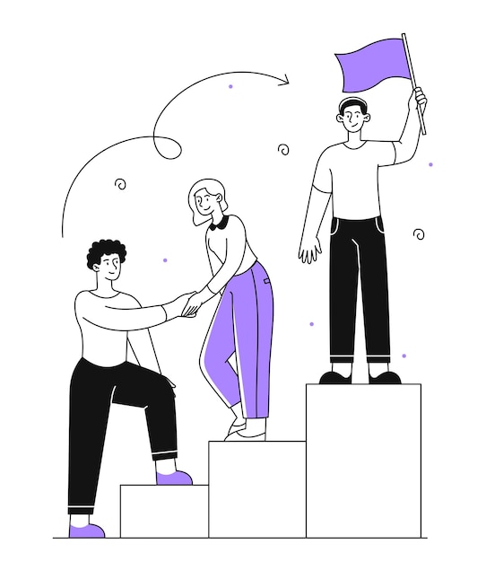 Workers helping each other outline men and woman at pedestals and podiums care and support for