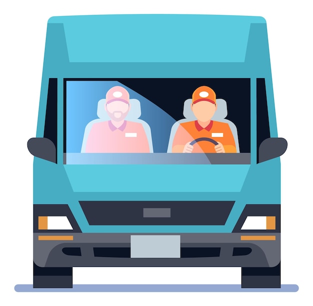 Рабочие в фургоне, вид спереди значок службы доставки грузов