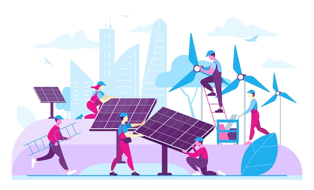 Workers installing ecological energy generators. flat illustration