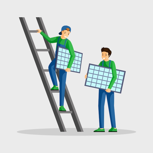 Workers installing solar panels illustration. Specialists setting photovoltaic module, engineer on ladder cartoon character. Using alternative energy, renewable power, sustainable lifestyle
