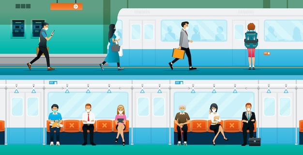 workers keep social distances and wear face masks on the subway.