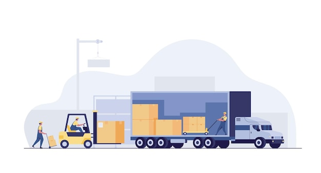 workers loading goods onto trucks in a warehouse
