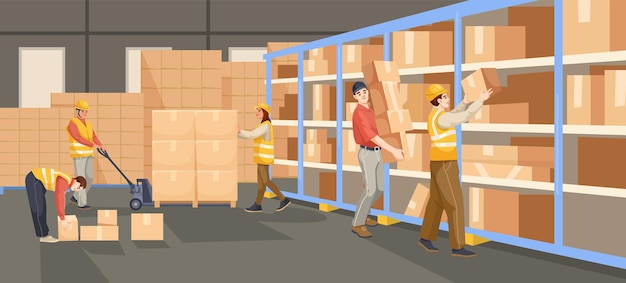 workers organizing boxes inside a warehouse modern style gray background concept of teamwork and logistics vector illustration