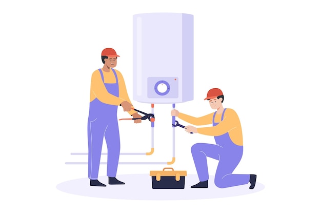 Vector workers repairing water heater flat vector illustration