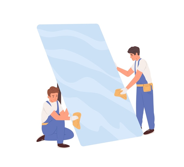 Vector workers in uniform cleaning big glass. glaziers installing window or protective phone screen. colored flat vector illustration isolated on white background.