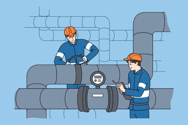 Vector workers in uniform inspect pipes and tubes