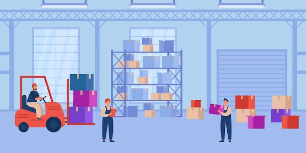 Vector workers in uniform warehouse flat vector illustration. man or loader driving forklift with packages, supplying goods. boxes on pallet shelves in hangar. stockroom, delivery service, industry concept