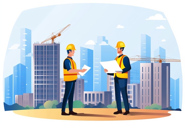 Vector workers with plans city background