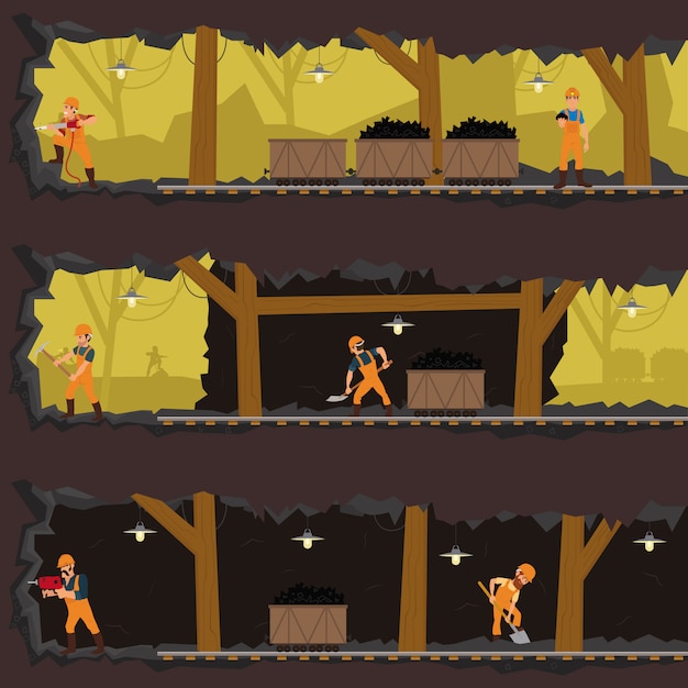 Workers working in the mine at different levels.