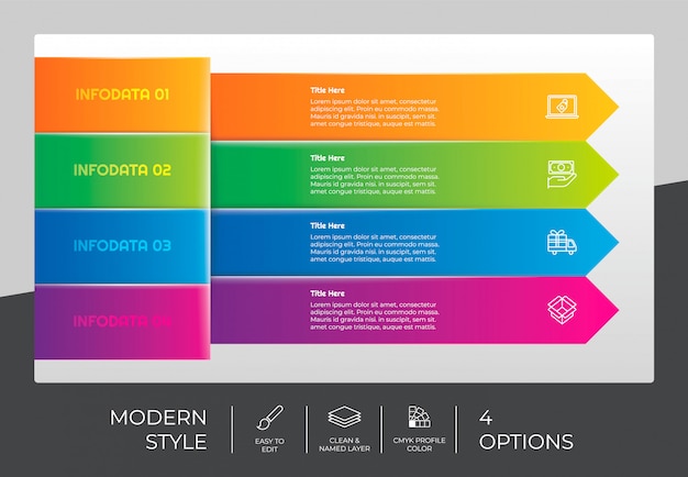 Vettore progettazione infografica della freccia del flusso di lavoro con 4 opzioni e design moderno. l'opzione infografica può essere utilizzata per presentazioni, relazioni annuali e scopi commerciali.