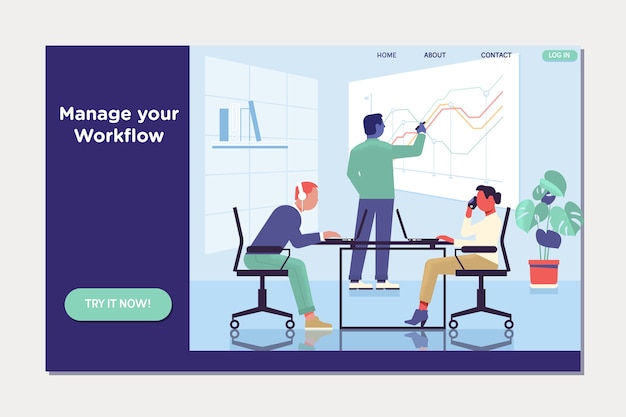 Workflow and business management. people work in a team and interact with graphs.