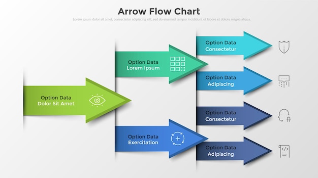 Workflow diagram or flow chart with colorful arrows, thin line symbols and place for text. concept of progressive development of company. unusual infographic design template. vector illustration.