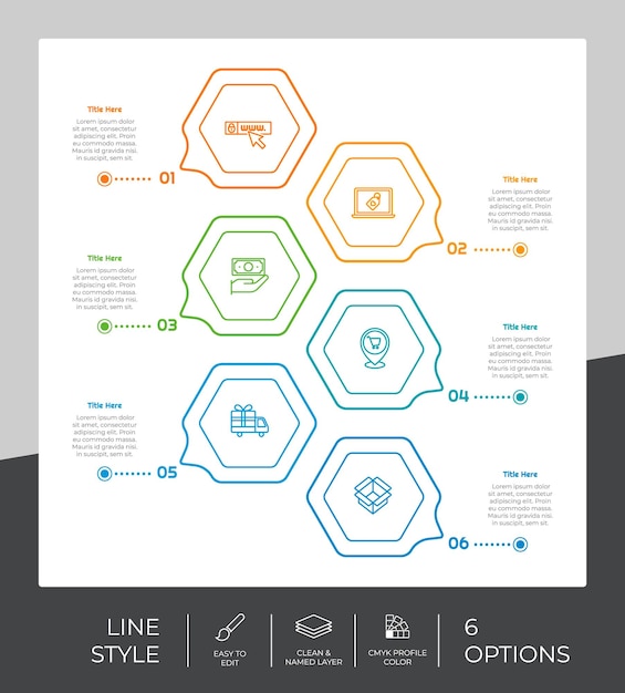 Workflow infographic vectorontwerp met 6 stappen en lijnontwerp Stap infographic kan worden gebruikt voor presentatie jaarverslag zakelijke doeleinden