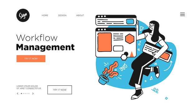 Workflow management business concept. Web page template. Outline vector Style