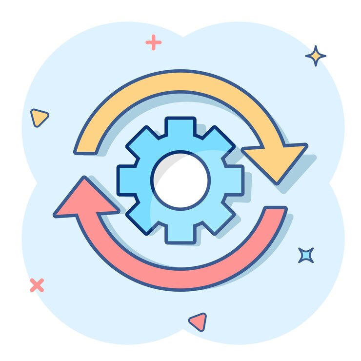 Vector workflow process icon in comic style gear cog wheel with arrows vector cartoon illustration pictogram workflow business concept splash effect