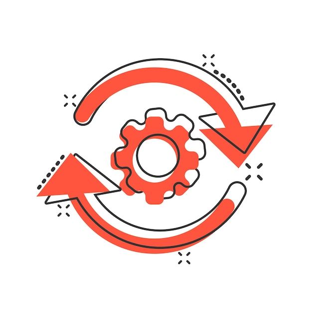 Workflow process icon in comic style Gear cog wheel with arrows vector cartoon illustration pictogram Workflow business concept splash effect