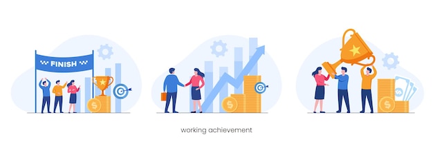 Vector working achievement, reward, business teamwork, growth profit, flat vector illustration banner